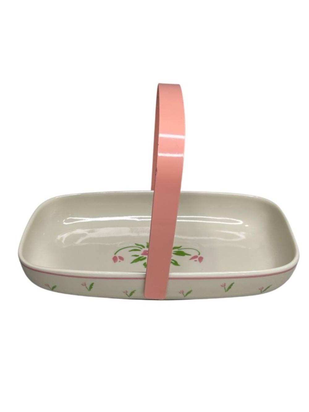 Vintage 1985 Teleflora Inc Floral Ceramic Serving Tray Basket Pink Metal Handle